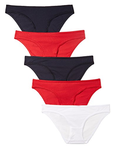 Marca Amazon - Iris & Lilly Braguita Mujer, Pack de 5, Multicolor (Night Sky/ Scarlet Sage/ White), L, Label: L