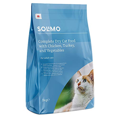 Marca Amazon - Solimo - Alimento seco completo para gatos adultos con pollo, pavo y verduras, 1 Pack de 3 kg