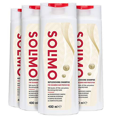 Marca Amazon - Solimo Champú revitalizante, protección para el cabello teñido, con queratina, filtro UV y proteínas- Paquete de 4 (4 Botellas x 400ml)