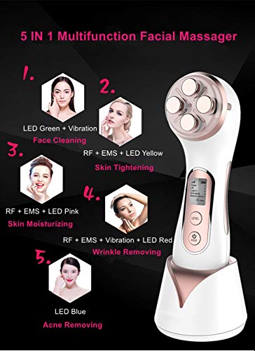 Masajeador de belleza por Ultrasonidos, 5 en 1 RF LED Facial Instrumento Multifuncional Dispositivo anti-edad Rejuvenecimiento de la piel Anti-arrugas Anti-acné Apriete de la Piel Limpieza facial