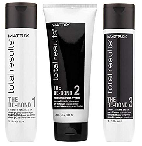 Matrix - Total Results Re-Bond Trio, Champú Re-Bond (300 ml), Preacondicionador Re-Bond (200 ml), Acondicionador Re-Bond (300 ml).