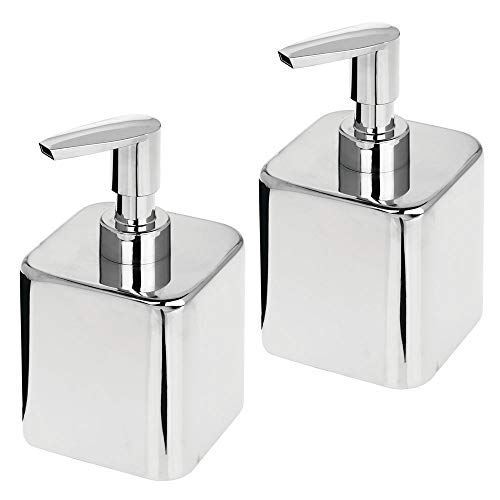 mDesign Juego de 2 dispensadores de jabón recargables – Dosificadores para jabón de metal y plástico – Dosificador de baño o cocina para lavavajillas, lociones o aceites aromáticos – plateado