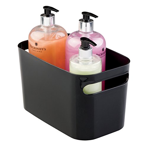 mDesign Organizador de baño – Organizador de cosméticos y de productos de belleza – Práctica caja organizadora para guardar accesorios de baño – Tres compartimentos – Color: negro