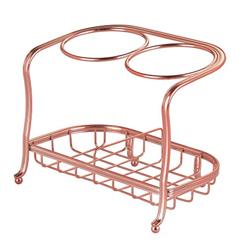 mDesign Soporte para secador de pelo o rizador – Cesta de rejilla para productos de peluquería – Soporte para plancha de pelo y cepillos fabricado con metal – rosa dorado