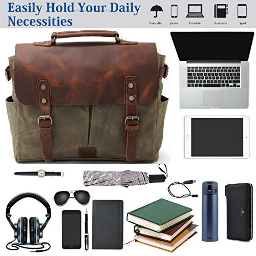 Messenger bolso vintage Canvas para hombres y mujeres de cuero reales 15"MacBook Pro/laptop de 14" maletín bolsa de hombro para Business Work School College el uso diario (15INCH Verde)