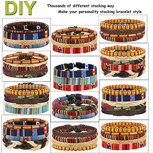 Milacolato 15PCS Pulseras Cuero para Hombre Mujer Brazalete Cuenta de Madera Trenzado Plusera Cordón Cáñamo Cordones Étnico Tribal Ajustable Charm