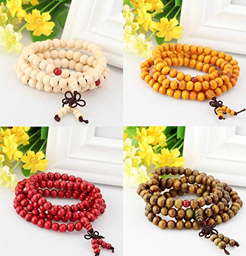 Milacolato Pulsera De Madera 108 Mala Pulseras De Cuentas Budista Fila De Madera Cuentas De Oración De Sándalo Cadena Collar De Muñeca para Hombres Mujeres Nudo Chino 8pcs