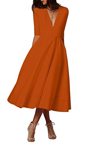 Minetom Mujer Vintage Vestidos Elegante Manga 1/2 Cuello en V Profundo Color Puro Vestir de Cóctel Fiesta Noche Midi Swing Dress Naranja ES 34