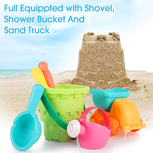 Mingfuxin Juguetes De Playa para Niños,Juego De Juguetes De Playa Y Arena para Niños con Camion Bucket Castle Moldes Y Bolsa De Malla Material Plastico Blando (Azul)