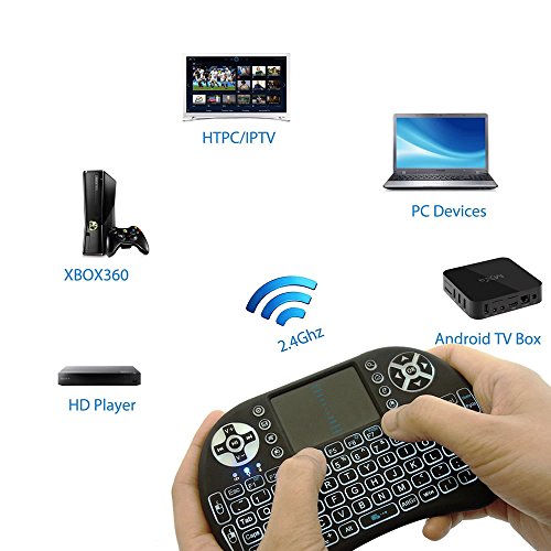 Mini teclado inalámbrico con luz negra Justop con panel táctil y teclas multimedia para TV Android Box HTPC PS3, XBOX360, móviles inteligentes, tablet Mac Linux Windows OS.