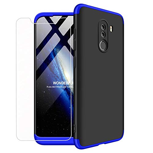 MLOTECH Funda para Xiaomi Pocophone F1, Carcasas + Cristal Templado PC Hard Case 360 Grados Slim Fit Mate Anti-Shock Anti-Rasguño Protectora Cubierta-Azul Negro