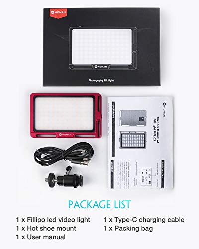 Moman Luz LED Cámara, Fillipo Foco Antorcha LED Luz Bi-Color 3000K- 6500K Ajustable Led Reflex Foco Fotografia, TLCI/CRI 95+, Ultra Ligero de 147g, Cable Tipo-C y Bolsa Incluidas, Color Rojo