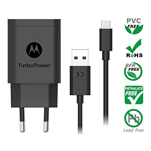 Motorola Original- TurboPower 18W Cargador de pared con SKN6473A 3.3ft (1m) cable USB-A a USB-C en caja de venta al por menor con etiqueta de autenticación de Motorola y Guía del usuario