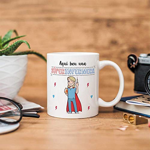 MUGFFINS Taza Enfermera (En Catalán)"Aquí beu una Súper Infermera" Taza Desayuno/Idea Regalo Día de la Tía. Cerámica 350 mL