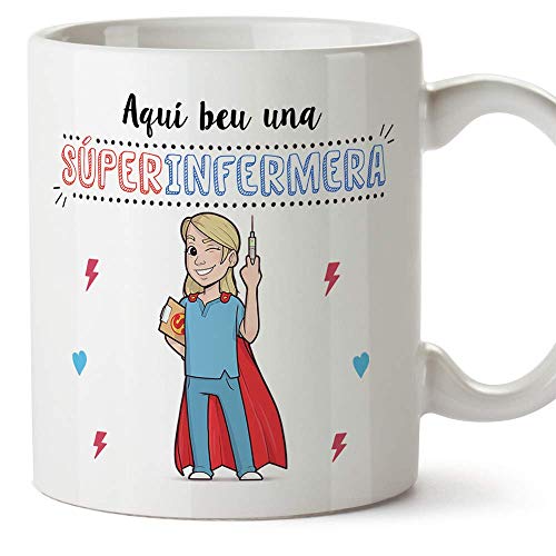 MUGFFINS Taza Enfermera (En Catalán)"Aquí beu una Súper Infermera" Taza Desayuno/Idea Regalo Día de la Tía. Cerámica 350 mL