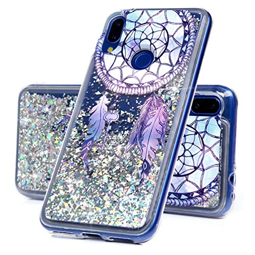 MUSESHOP Funda Xiaomi Redmi Note 7/Note 7 Pro, Pintado Purpurina Líquida Que Fluye Cubierta Brillante Carcasa Liquida Cristal TPU Gel Fina Arenas Movedizas - Campana de Viento de Plumas