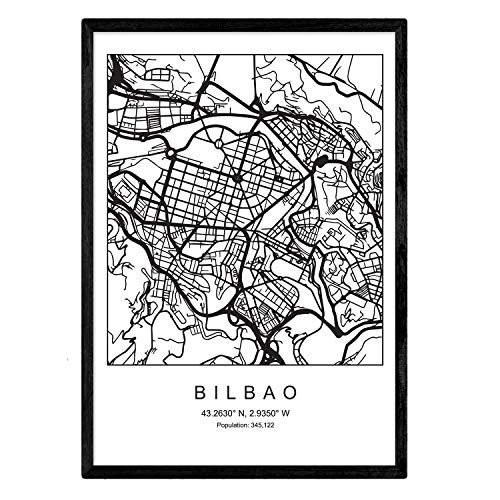 Nacnic Lámina Mapa de la Ciudad Bilbao Estilo nordico en Blanco y Negro. Poster tamaño A3 Enmarcado con Marco Negro Impreso Papel 250 gr. Cuadros, láminas y Posters para Salon y Dormitorio