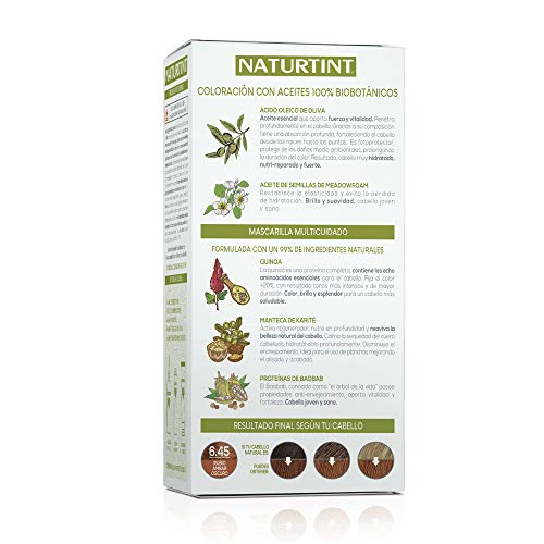 Naturtint Coloración 6.45 Rubio Ámbar Oscuro, 100% Cobertura de canas y Hidratación, Ingredientes Vegetales y Aceites 100% Biobotánicos, Color Natural y Duradero, Sin Amoniaco, Pack de 3.