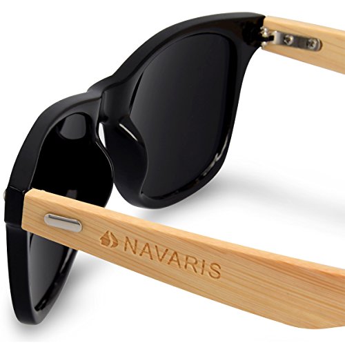 Navaris Gafas de sol UV400 - Gafas de madera para hombre y mujer - Gafas de sol con patillas de madera - Negro y azul