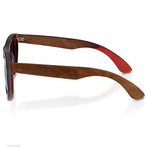 Navaris Gafas de sol UV400 - Gafas de madera para hombre y mujer - Gafas de sol polarizadas moldura en color marrón oscuro y lentes negros