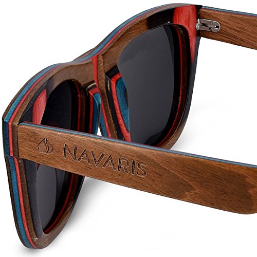 Navaris Gafas de sol UV400 - Gafas de madera para hombre y mujer - Gafas de sol polarizadas moldura en color marrón oscuro y lentes negros