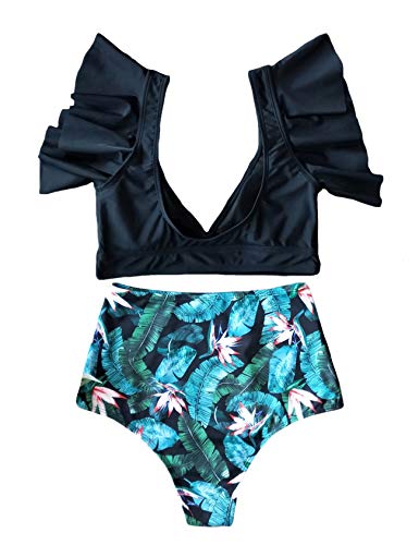 Newrong - Conjunto de 2 piezas con cintura alta acolchada bañador estampado de flores para verano playa bikini Negro + nenúfar. S