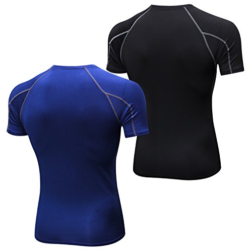 Niksa 2 Piezas Camisetas de Fitness Compresión Ropa Deportiva Manga Corta Hombre para Correr, Ejercicio,Gimnasio Negro Gris+ Azul Marino 1053(S)