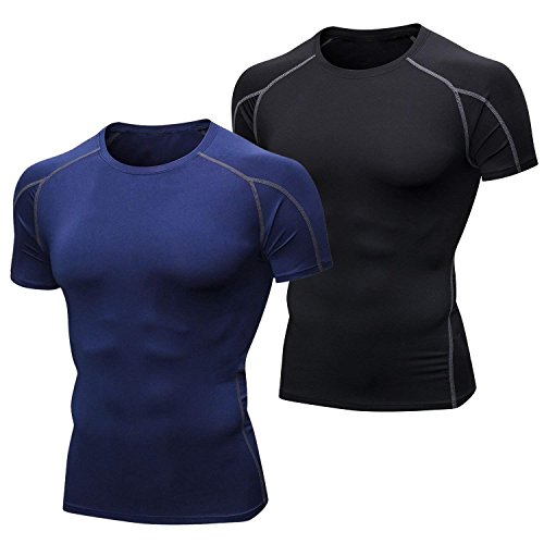 Niksa 2 Piezas Camisetas de Fitness Compresión Ropa Deportiva Manga Corta Hombre para Correr, Ejercicio,Gimnasio Negro Gris+ Azul Marino 1053(S)