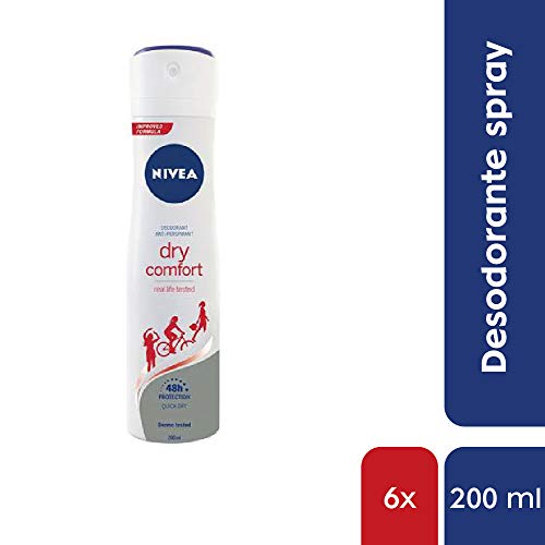 NIVEA Dry Comfort en pack de 6 (6 x 200 ml), desodorante antitranspirante con protección 48 horas, spray desodorante de cuidado femenino testado en la vida real