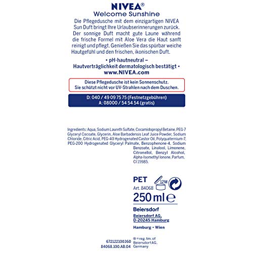 Nivea Love Sunshine - Gel de ducha (250 ml), refrescante gel de ducha con aloe vera, respetuoso con el pH de la piel, con aroma original de crema solar Nivea Sun