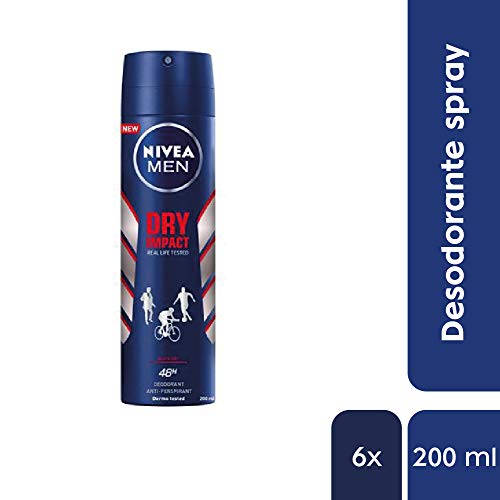 NIVEA MEN Dry Impact Spray, desodorante antitranspirante con protección 48 horas, desodorante spray de cuidado masculino testado en la vida real - pack de 6 x 200 ml