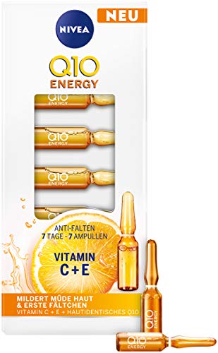 Nivea Q10 ENERGY Antiarrugas 7 días – 7 ampollas (7 x 1 ml), tratamiento facial con 100% piel Q10, vitamina C y vitamina E, cuidado facial mitiga las arrugas y piel cansada.