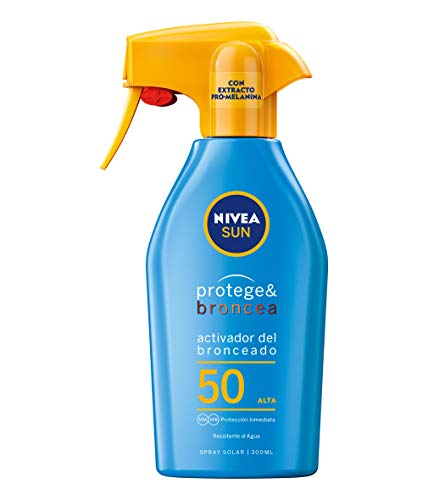 NIVEA SUN Protege & Broncea Spray Solar FP50 (1 x 300 ml), activador del bronceado, protección solar alta, protector solar hidratante y resistente al agua, pistola