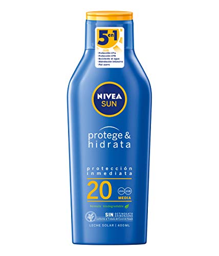 NIVEA SUN Protege & Hidrata Leche Solar FP20 (1 x 400 ml), protector solar hidratante y resistente al agua con protección UVA/UVB, protección solar media