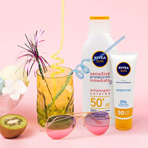 NIVEA SUN Sensitive Protección Inmediata Antialergias Solares Leche Solar FP 50+, protector solar no graso para piel sensible, crema solar resistente al agua - 1 x 200 ml