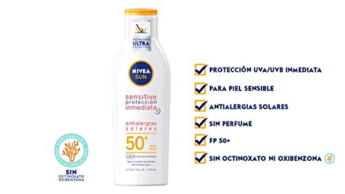 NIVEA SUN Sensitive Protección Inmediata Antialergias Solares Leche Solar FP 50+, protector solar no graso para piel sensible, crema solar resistente al agua - 1 x 200 ml