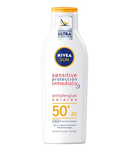 NIVEA SUN Sensitive Protección Inmediata Antialergias Solares Leche Solar FP 50+, protector solar no graso para piel sensible, crema solar resistente al agua - 1 x 200 ml