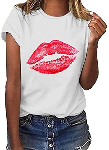 NOBRAND Novelty Red Lips Graphic Tees para las mujeres de verano casual de moda cuello redondo de manga corta chiste camiseta de tamaño más personalidad tops blusa Negro blanco XXX-Large
