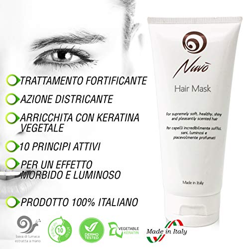 Nuvo' Mascarilla para el pelo enriquecida con queratina vegetal, Baba de caracol, aceite de almendras, aceite de jojoba. tratamiento de reestructuración para cabello. 100% Made in Italy 200ml