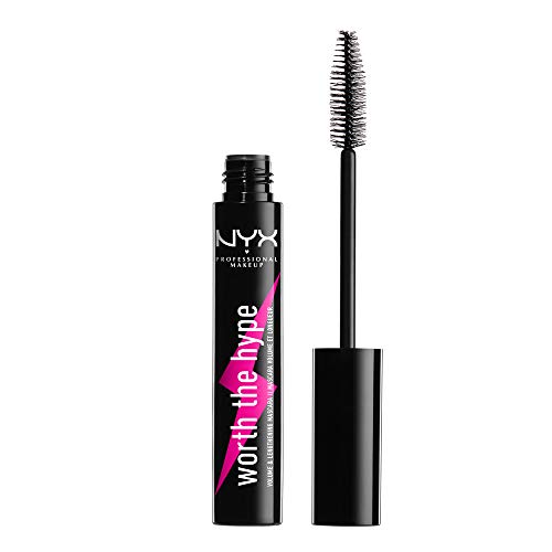 NYX PROFESSIONAL MAKEUP Máscara de pestañas Worth the Hype Mascara, Volumen y longitud, Cepillo de punta cónica llega a todas las pestañas, Aceite de jojoba, Tono: Negro