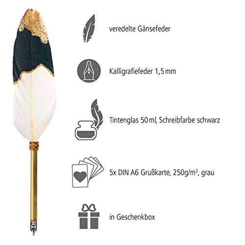 Online Feather Dip Vintage Calligraphy - Juego de caligrafía con tintero de tinta (50 ml, 5 tarjetas de felicitación, pluma de caligrafía de 1,5 mm, en caja de regalo, pluma de ganso), color negro