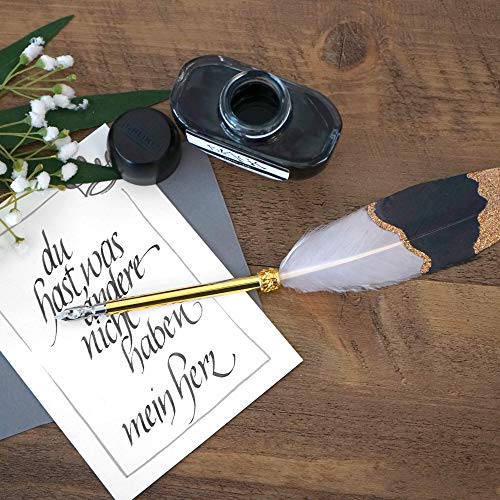 Online Feather Dip Vintage Calligraphy - Juego de caligrafía con tintero de tinta (50 ml, 5 tarjetas de felicitación, pluma de caligrafía de 1,5 mm, en caja de regalo, pluma de ganso), color negro