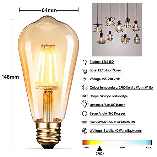 OnlineTek Bombilla LED Edison, estilo vintage, color ámbar, 2700 K, 4 W (equivalente a 40 W), filamento LED, lámpara decorativa E27-6 unidades