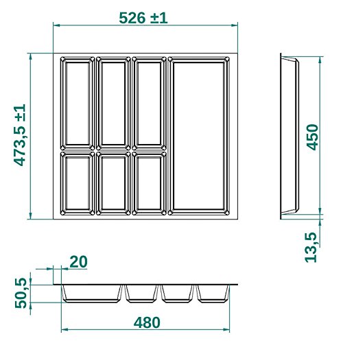 Orga-Box® IV Universal Cubertero de Color Gris Argentado para Cajón de 60 cm (473,5 x 526 mm)