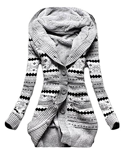 Otoño Invierno Mujer Casual Franja Patrón Lana De Punto Botón Cárdigan SYDCQ daderas con Capucha Calentar Chaqueta Encapuchado Abrigos (Gris, M)