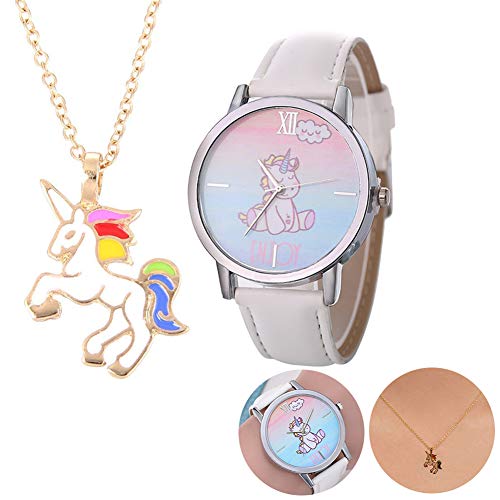 Ouken 1 Juego Unicornio Collar Relojes Juego de Regalo de Cuero Informal Unicornio Lindo Banda Relojes de Pulsera de Cuarzo analógico Reloj de Cristal de la Manera del Reloj