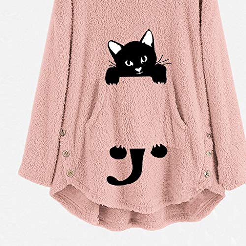 Overdose Abrigo Mujer Vestir Blusa Linda de Felpa para Mujer Sudadera con Capucha Gatito Otoño Diseño de Botones con Dobladillo Irregular Bolsillo Más Tamaño