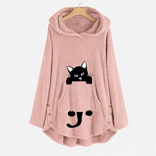 Overdose Abrigo Mujer Vestir Blusa Linda de Felpa para Mujer Sudadera con Capucha Gatito Otoño Diseño de Botones con Dobladillo Irregular Bolsillo Más Tamaño