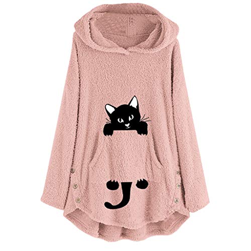 Overdose Abrigo Mujer Vestir Blusa Linda de Felpa para Mujer Sudadera con Capucha Gatito Otoño Diseño de Botones con Dobladillo Irregular Bolsillo Más Tamaño