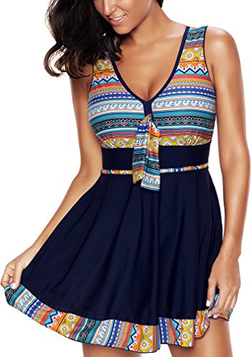 PANOZON Mujer Vestido de Traje de Baño Diseño de Escote en V Estilo de Falda Mar y Piscina (5X-Large, Multicolor)